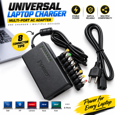 Universal Laptop Charger Multi-Port AC Adapter – 100V-240V Multi-Connector Power Supply with Durable & Long-Lasting Design for All Laptops